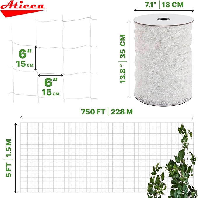 Trellis Netting 5 x 750 ft Heavy Duty Polyester Plant Support Netting White - 6 Inch Garden Rope Trellis on Roll - Mesh Twine for Growing Vine Climbing Plants, Flowers, Peas, and Tomatoes.