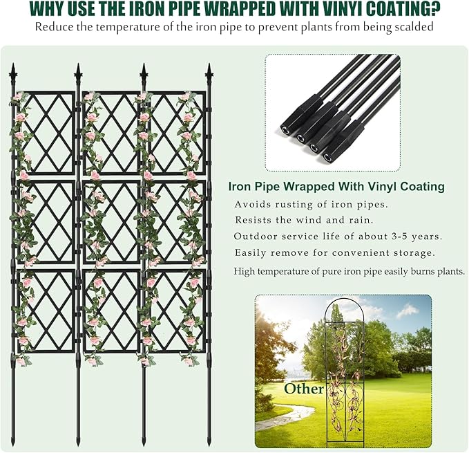 Garden Trellis for Climbing Plants Outdoor 5.25 FT, Plastic Coated Iron Pipe Metal Support Wall Tall Plant Trellis Fence with 20 Ties for Ivy Vines Rose