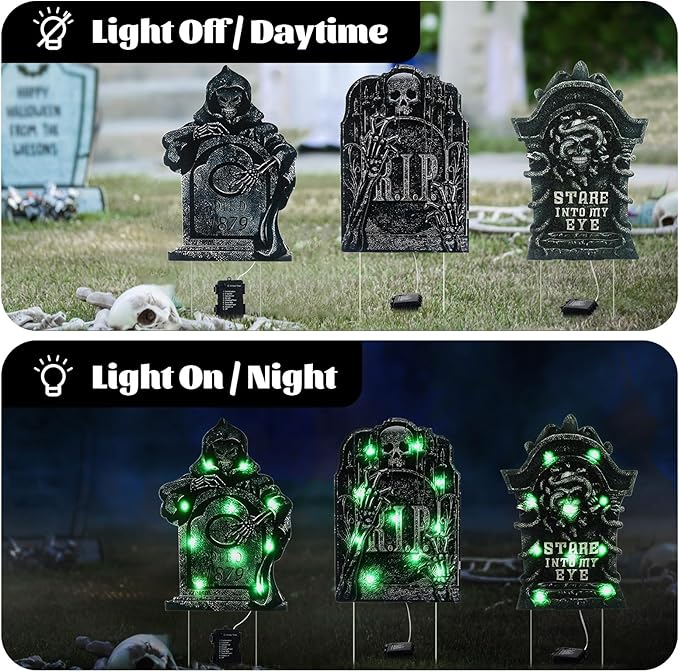 Halloween Tombstone Decoration - Lighted Gravestone Decor Yard Signs for Outdoor Yard Garden with Stakes 8 Lighting Modes - Green Light 3PCS