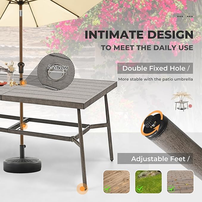 HAPPATIO 9-Piece Patio Table and Chairs Set for 8, Aluminum Outdoor Dining Set with Cushions, 6 Dining Chairs and 2 Swivel Chairs, 1 Large Rectangular Table with Umbrella Hole,Grey