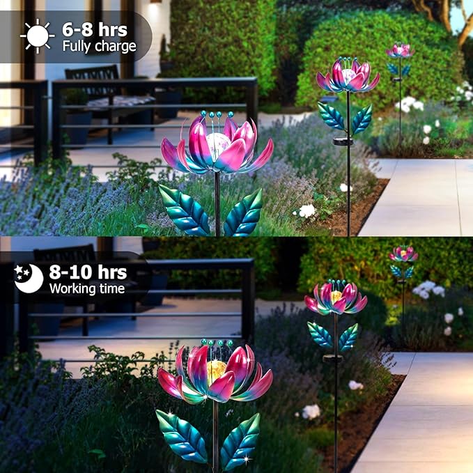 Solar Purple Metal Flower Wind Spinners, Colorful Spinning Windmill Lotus Yard Art Lights Wind Pinwheels with LED Crystal Ball Decorative Stake Lighting Flower Sculpture