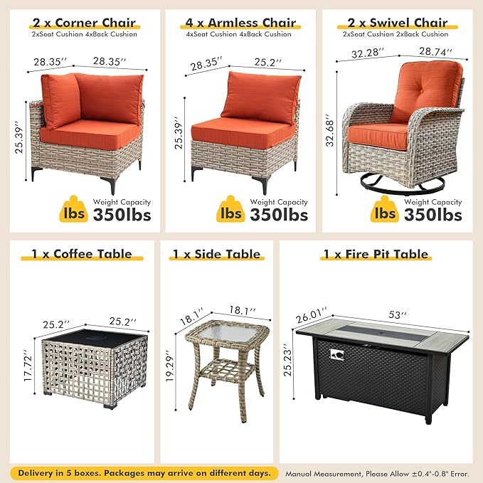 Outdoor Sectional Patio Furniture Set with Fire Pit Table and Swivel Rocking Chairs,11 Pieces Wicker Conversation Sets L Shaped Couch Out Door Sofa Outside Furniture for Garden Deck,Orange Red