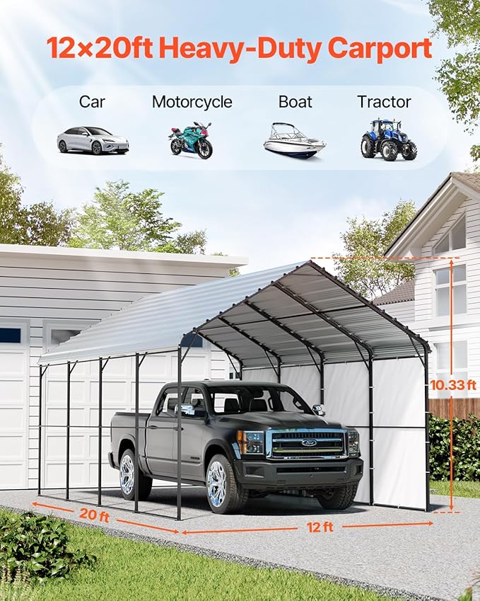 VEVOR Heavy Duty Metal Carport, 12' x 20' Outdoor Carport with Galvanized Steel Frame & Roof, Car Tent Garage Shade with Removable Sidewalls, Multi-Use Car Shelter for Pickup, Boat, Car & Tractors