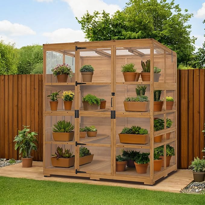 Macrout Wooden Walk-in Greenhouse with Acrylic Panels, Large Greenhouse Outdoor with Openable Roof Vents with Lockable Door, G976