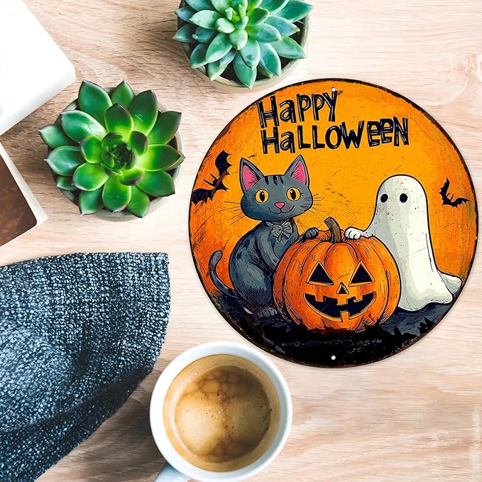 PEACHGARDEN Round Halloween Black Cat Vintage Sign Happy Halloween Pumpkin Metal Tin Sign for Home Bar Kitchen Hotel Dining Room Coffee 12x12inch