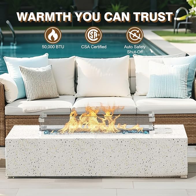 3-Piece Outdoor Propane Fire Pit Table Set – Premium Terrazzo-Like MgO Finish, 56-Inch Gas Fire Table with Tank Table & Glass Wind Guard for Patio, Garden & Backyard, Includes Rain Cover & Glass Beads