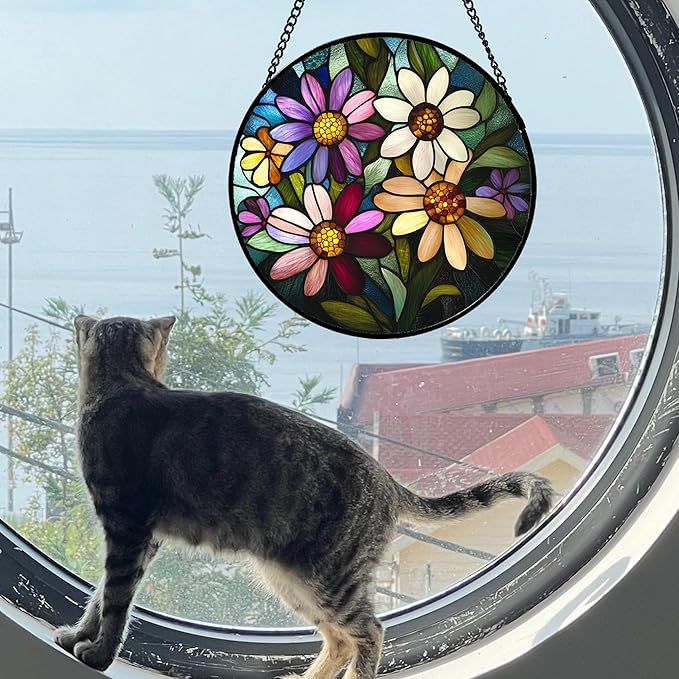 Stained Glass Window Hanging - Colorful Daisies Suncatcher for Door Garden Patio Retro Flower Sun Catchers Decor Christmas Mother's Day Birthday Gifts for Women Mom Nana Aunt Friend 7.8 in