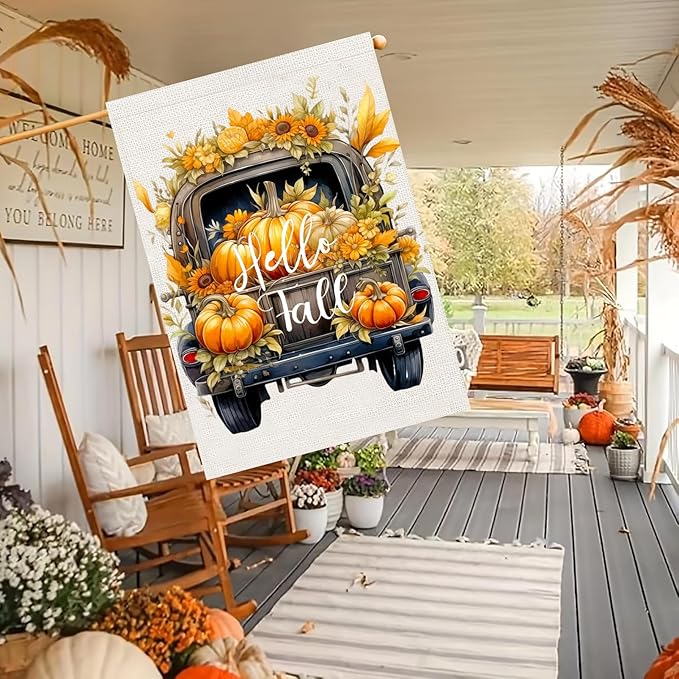 Hello Fall Pumpkin Truck House Flag 28x40 Double Sided, Autumn Thanksgiving Large Garden Flags for Outside, Holiday Seasonal Yard Flag Outdoor Decorations for Home