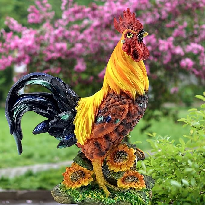 Bellaa 22977 Rooster Statue 12 inch Boho Home Decor Kitchen Gift Outdoor Sculpture Garden Patio Yard Figurine Farmhouse Animal Chicken Hen Sunflower Country Farm Barnyard Cabin Nature Lovers