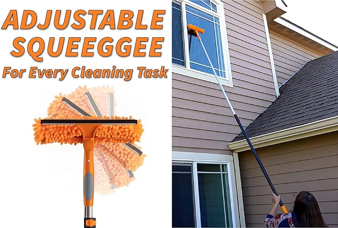 20 Foot High Ceiling Duster Kit and Scrub Brush with 4-12 ft Extension Pole // Telescoping Duster, Window Squeegee and Cobweb Duster with Extension Pole // Interior and Exterior House Cleaning Brushes