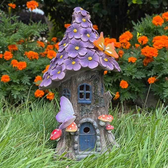 COWOS Mushroom House Statue, Garden Decor Outdoor Solar Statues, Solar Garden Statue Lights, Mushroom Fairy House Figurine, Memorial, Adorable Mushroom and Flowers, Garden Decor