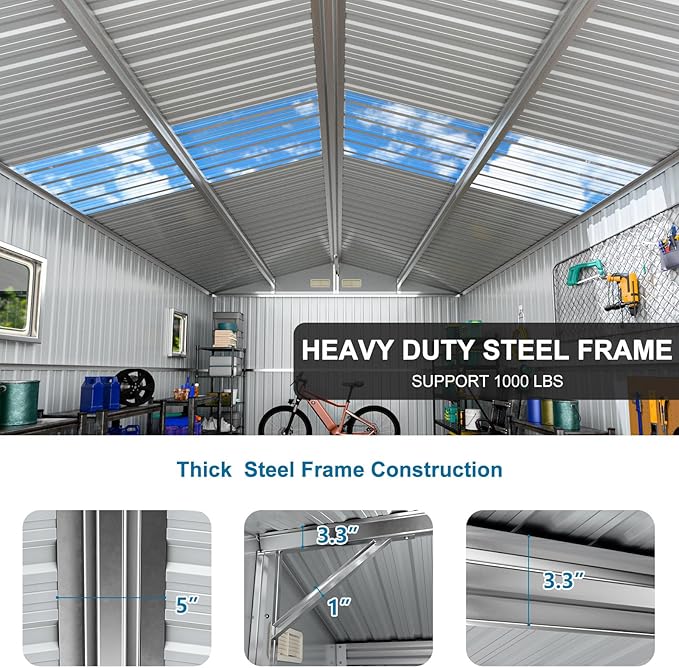 Restland 10x10 FT Outdoor Storage Shed Reinforced Frame Metal Shed with Clear Roof, Air Vent & Lockable Door Large Garden Tool Storage Sheds for Backyard, Garden, Lawn