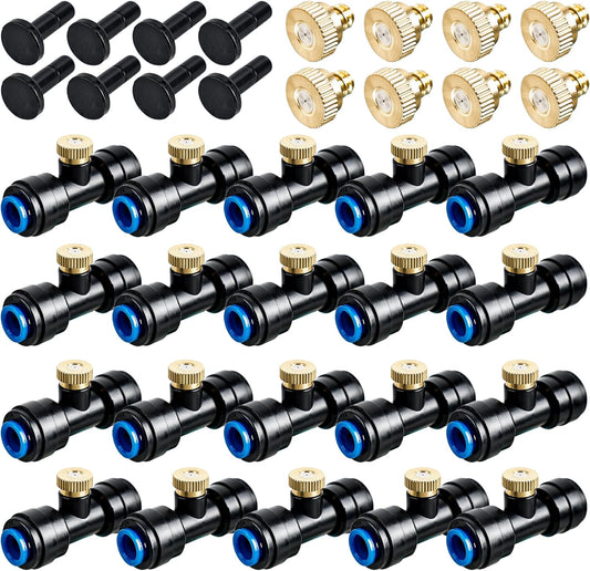 96 Pcs Brass Misting Nozzles Kit Including 48 Pcs 1/4 Inch Brass Misting Nozzles 40 Pcs Misting Nozzle Tees with 8 Plugs for Outdoor Spray Cooling System Misting Nozzle Replacements Tubing
