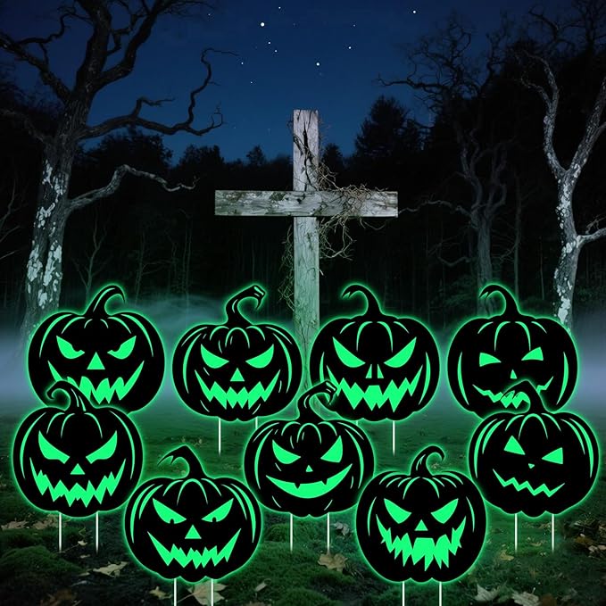 9 Pack Halloween Pumpkin Yard Sign with Stakes Glow in Dark Decorations Outdoor Silhouette Pumpkin Yard Signs Waterproof Outside Patio Lawn Decor for Home Halloween Party