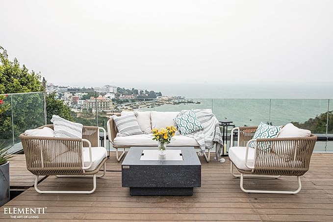 Elementi | Bundle Manhattan Gas Fire Pit Cast Concrete 36" Square Fire Table, Outdoor Fire Pit Electronic Ignition | Canvas Cover, Lava Rock Included | Dark Gray (Propane Gas)