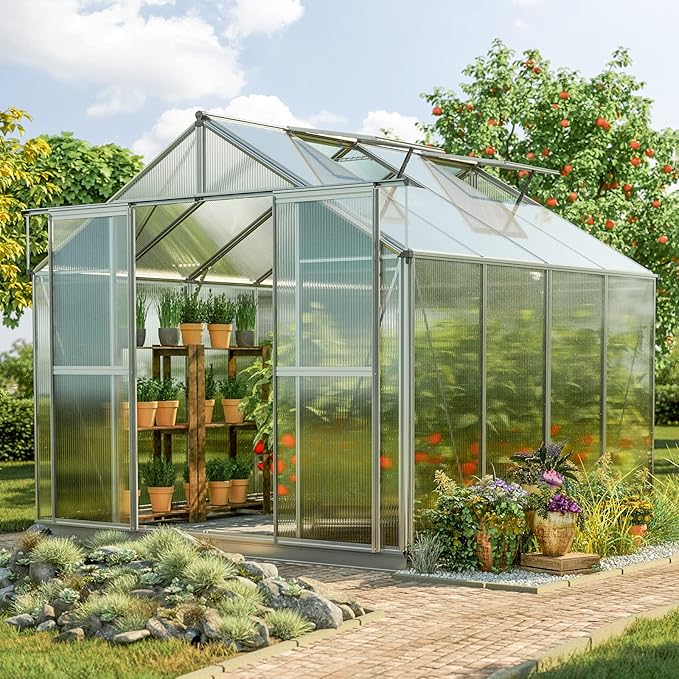 Greenhouse Topas 4 Aluminum Frame 7.4 x 8.5 ft Approx. 8 mm Polycarbonate Panels - with Bonus Base Frame and Automatic Vent Opener