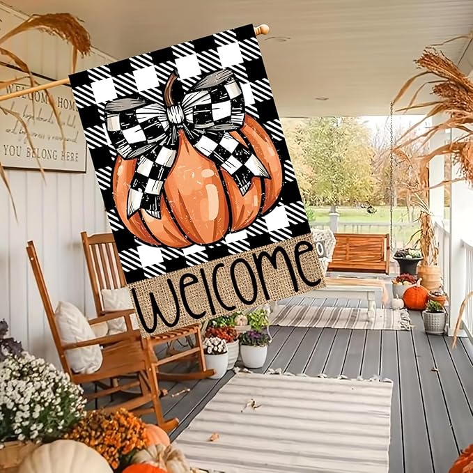 Fall Pumpkin House Flag 28x40 Double Sided, Welcome Fall Thanksgiving Large Garden Flags for Outside, Autumn Holiday Yard Flag Outdoor Seasonal Decorations for Home