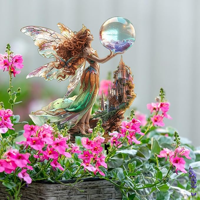 Fairy Garden Stake Decor, 2D Flat Acrylic Fairy Garden Decor Panel, Elf Yard Sign for Outdoor Indoor Yard Lawn Plants Pots, Fairy Garden Accessories (Fairy with Crystal Ball)