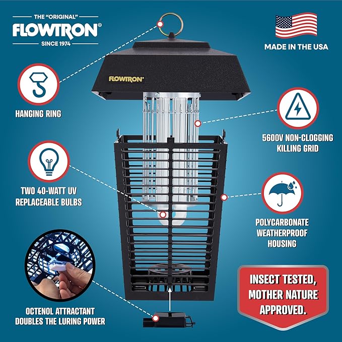 Flowtron Bug Zapper, 1-1/2 Acre of Outdoor Coverage with Powerful 80W Bulb & 5600V Instant Killing Grid, Electric Insect, Fly & Mosquito Zapper, Made in The USA