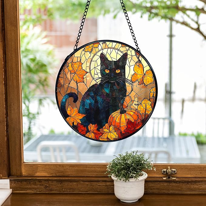 TNUW Fall Pumpkin Black Cat Stained Glass Window Hanging, Autumn Pumpkin Maple Leaf Black Cat Sun Catchers Indoor Window Glass Round Wall Art Decor, Rustic Fall Wall Hanging Decorations, 7.9＂x7.9＂