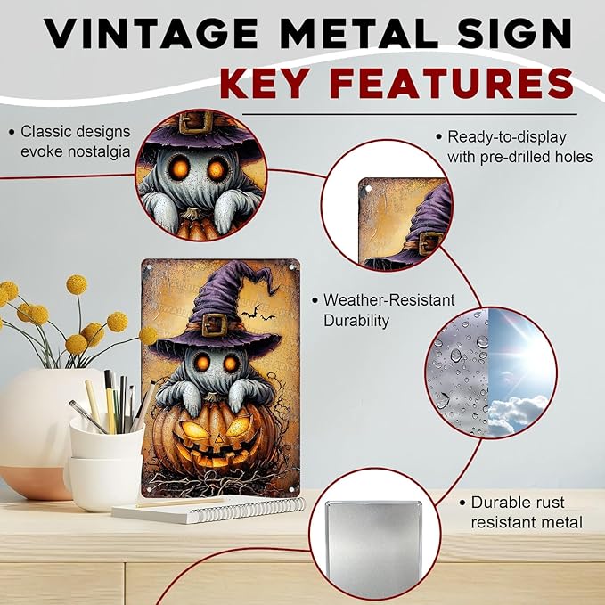 Halloween Pumpkin Vintage Sign Ghost Metal Tin Sign for Home Bar Kitchen Hotel Dining Room Coffee 8x12inch