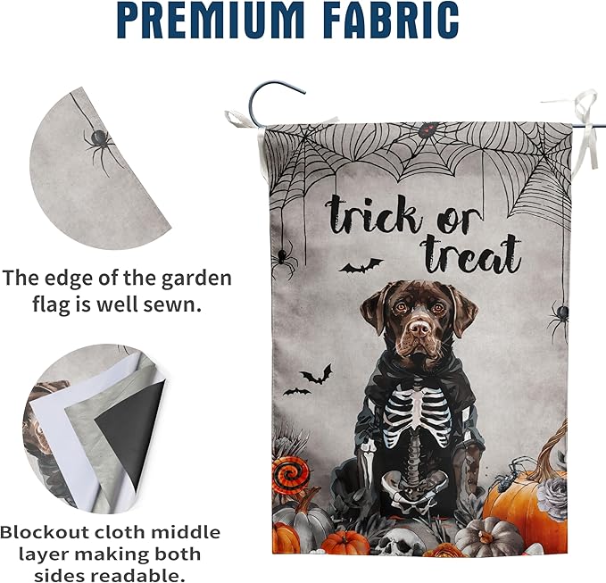 Halloween Chocolate Lab Garden Flag Trick or Treat Yard Flag Ghost Labrador Dog Garden Flags for Outside 12x18 Double Sided Mini Skeleton Halloween Decor Outdoor Lawn Welcome Flag