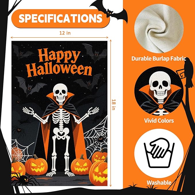 Halloween Garden Flag 12x18 Inch Double Sided, Outdoor Burlap Yard Decor for Porch, Patio, Holiday Decorations, Black3