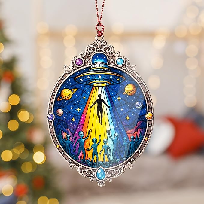 Alien Ornament – UFO Decor | Galaxy Ornament + Sci Fi Keepsake – Space Lover Gift – Alien Christmas Ornament – Suncatcher Effect Window Hanging – Car Hanging Decoration