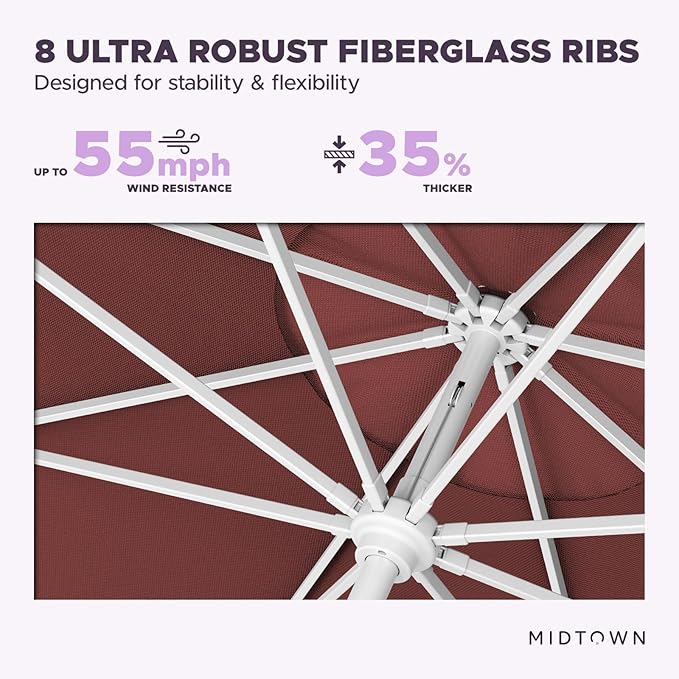 Midtown Umbrellas The Swilt 8 Feet Patio Umbrella in Terylast Cherry (Burgundy) Polyester Fabric - Fiberglass Ribs, Auto-Tilt Aluminum Frame For Backyard, Deck, Garden, Pool - White Pole