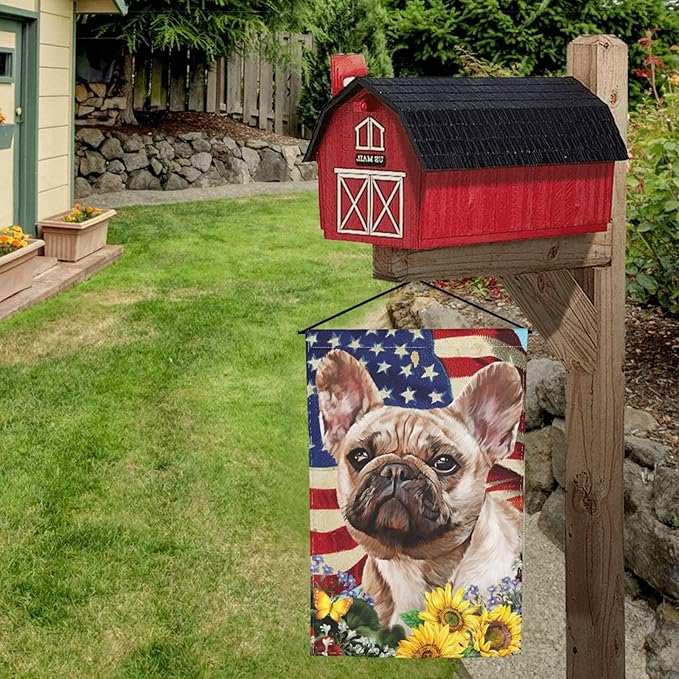 French Bulldog American Flag Patriotic Sunflower Dog Garden Flag Welcome Party Outdoor Outside Decorations Picks Home House Garden Yard Decor 12x18 Inch