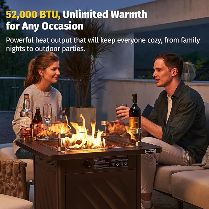 EAST OAK 28” Outdoor Propane Fire Pit Table | 52,000 BTU Gas Fire Pit for Outside with Easy-Hook Lid, Mesh Pocket & Lava Rocks | CSA Certified | Ideal for Patio, Garden & Backyard | Brown