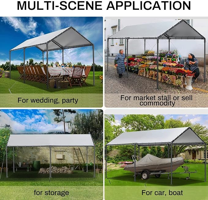 Grezone 10 x 20ft Heavy Duty Carport,Portable Car Tent Garage,All Season UV Resistant Car Canopy for Auto,Truck,Boat,Car (White)