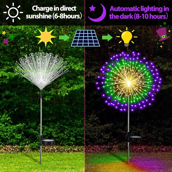 4 Pack Solar Firework Lights Decorations Garden Pathway Solar Power Light Stake Waterproof Landscape Lamp with 180 LED 8 Modes for Christmas 4th of July Party Decoration(Green, Yellow, Purple)