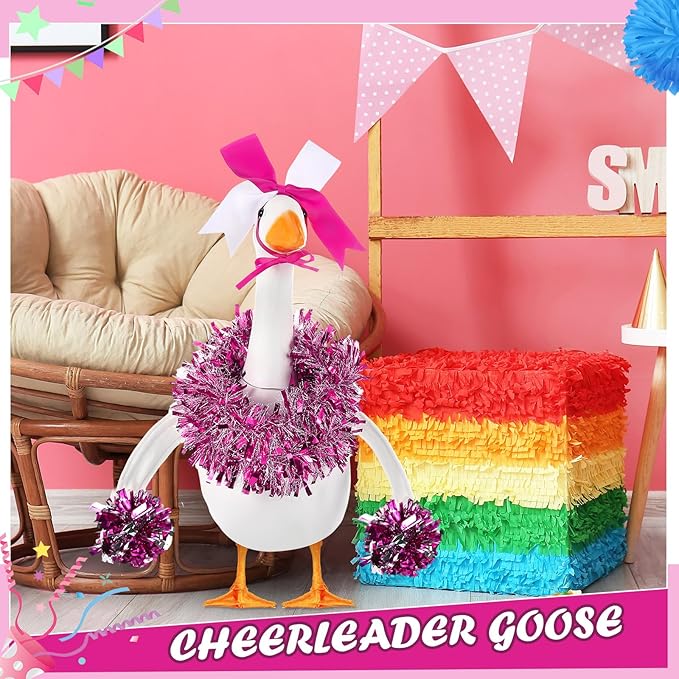 3 Pcs Cheerleader Porch Goose Outfit Poseable Wings with Pom Poms Garland and Bow for 23" Lawn Cement Goose Football Halloween Garden Patio Yard Outdoor Classroom Decorations (Hot Pink)