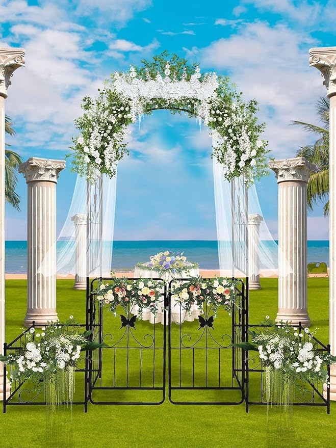Kalolary Garden Arch with Gate and Plant Box, Heavy Duty Metal Butterfly Garden Arbor for Climbing Plant Raised Bed Rose Vines Climbing Support for Lawn Backyard Patio Outdoor Decor (86.6"x79.8"x20")