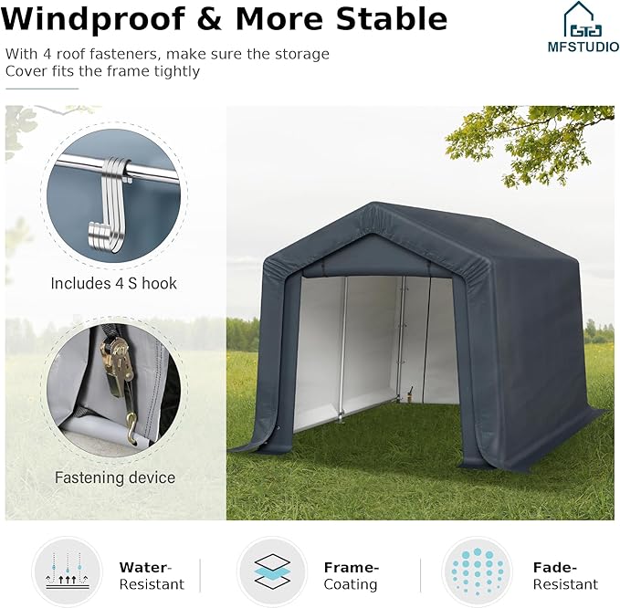 MFSTUDIO Outdoor Storage Sheds 8x12 ft, Portable Carport Shelter Garages Heavy Duty Canopy with Rolled up Zipper Doors,Outside Utility Shed Garage Tent for Motorcycle, Bicycles,Lawn mowers and Tools