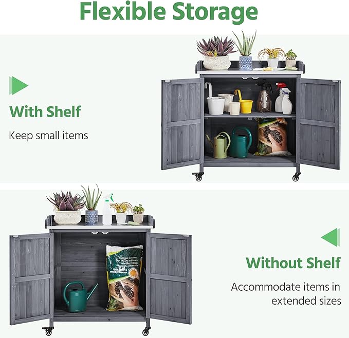 Yaheetech Garden Potting Bench Table, Outdoor Garden Horticultural Wooden Storage Cabinet & Solid Wood Planting Work Bench with Large Space Storage & Metal-Plated Tabletop, Gray