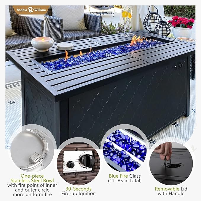 Sophia & William Patio Furniture Set with Fire Pit Table, 8 Piece Outdoor Wicker Conversation Set, Large Rattan Sectional Sofa with Ottoman & 45" Fire Pit Table(Aqua Blue)