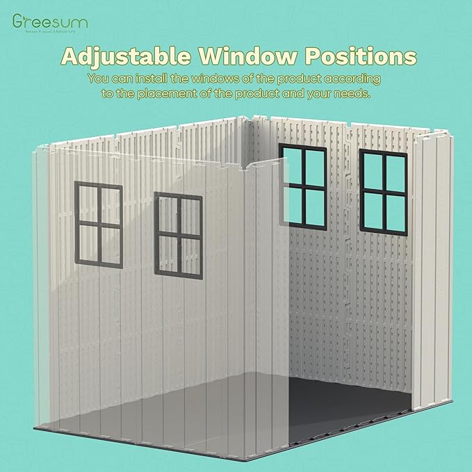 Greesum 8×8 FT Plastic Outdoor Storage Shed with Floor, Resin Sheds with Window and Lockable Door, Weather Resistant Organization for Garden, Lawn, Pool Supplies, Beige
