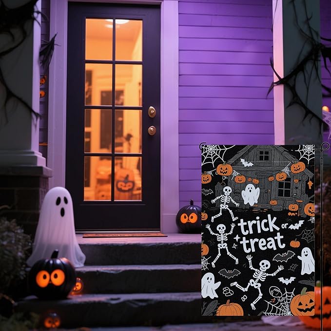 Halloween Garden Flag 12x18 Inch Double Sided, Outdoor Burlap Yard Decor for Porch, Patio, Holiday Decorations, Black