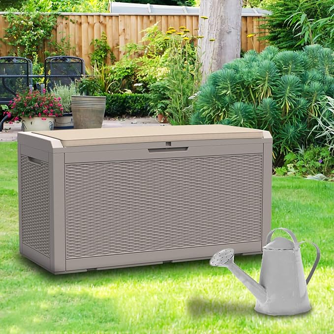 Modern-Depo 100 Gallon Polypropylene PP Deck Box Indoor Outdoor Waterproof Lockable Organization Container & Storage Bin Delivery Box with Cushion, Gray