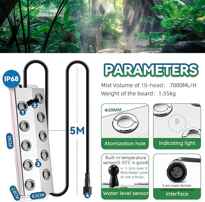 Mxmoonant Mist Maker 10 Head Ultrasonic Pond Fogger 7000ml/H Mist Humidifier with Float 400W Power Supply for Landscape Vegetable Preservation Scenic Magical Atmosphere