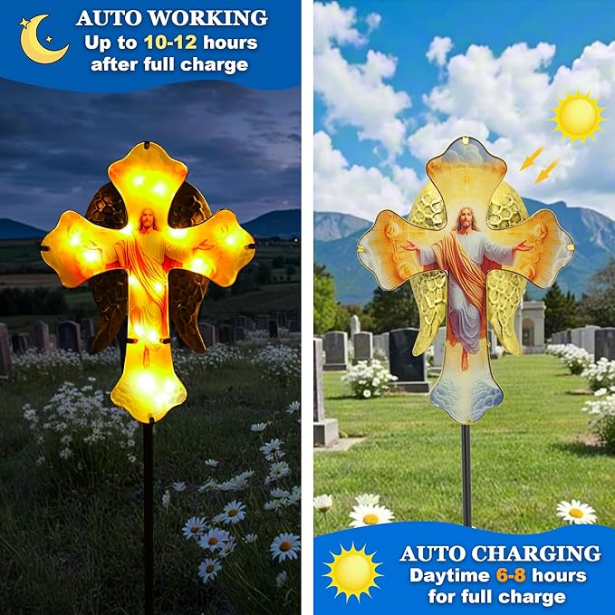 Solar Jesus Cross Garden Lights for Graves - Angel Wing Memorial Decor, Waterproof Cemetery Solar Stake Lights for Easter, Patio, Yard - Sympathy Gifts for Loved Ones1.