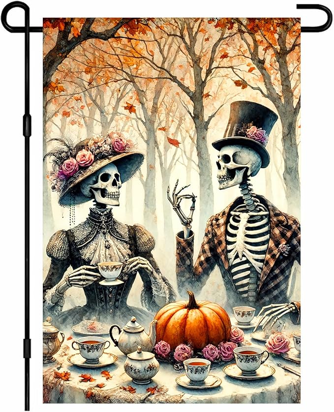 IVN Day of the Dead Garden Flag Skeleton Couple in Festive Attire with Pumpkin and Marigolds Outdoor Yard Patio Holiday Decor Backdrop 12x18 Inch Polyester For Girls or boys gifts Gardens Flags