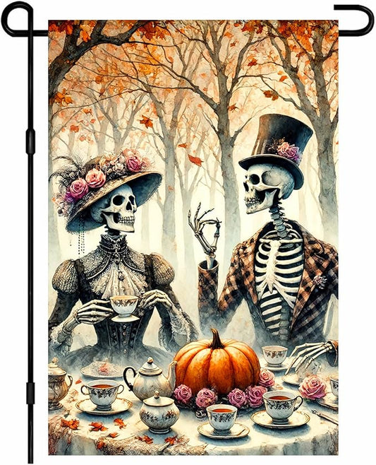 IVN Day of the Dead Garden Flag Skeleton Couple in Festive Attire with Pumpkin and Marigolds Outdoor Yard Patio Holiday Decor Backdrop 12x18 Inch Polyester For Girls or boys gifts Gardens Flags