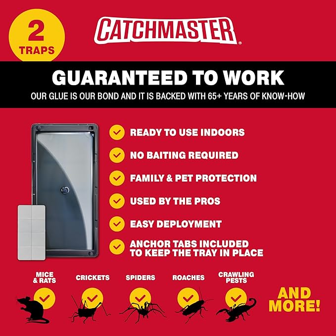Catchmaster Rat & Mouse Glue Traps with Sticky Putty 2Pk, Large Bulk Glue Board, Rat & Mouse Traps Indoor for Home, Adhesive Plastic Tray for Snakes, Mice & Spiders, Pest Control for House & Garage