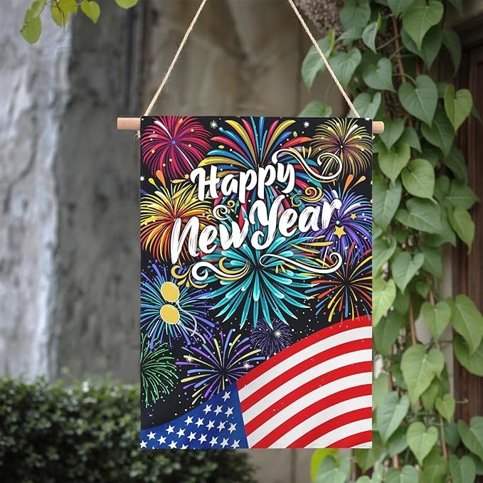 Happy New Year Garden Flag New Year Eve House Banner Double Sided American Flag Fireworks Wall Banners Balloon Holiday Celebration Party Yard Flags for Winter Festival Greetting 28 x 40 Inch