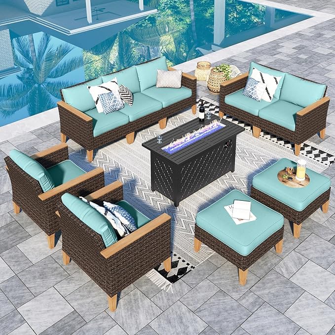 Sophia & William Patio Furniture Set with Fire Pit Table, 10 Piece Outdoor Wicker Furniture Sectional Sofa, Extra Large Patio Rattan Conversation Set with Ottoman & 45" Fire Pit Table(Aqua Blue)