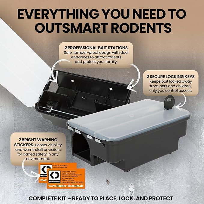 Köder-Discount Mouse & Rat Trap (Bait Not Included) – 4 Lockable Rat Bait Stations with Clear Lid & Dual Entry – Weather-Resistant, Tamper-Proof Rodent Trap to Prevent Bait Removal (8.7 x 5.5 x 3.1)