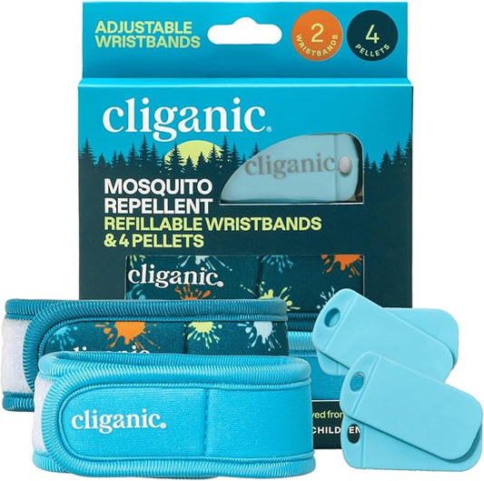 Cliganic Mosquito Repellent Pack (2 Wristbands + 4 Refill Pellets) - Adjustable, Natural DEET-Free, Essential Oil Infused
